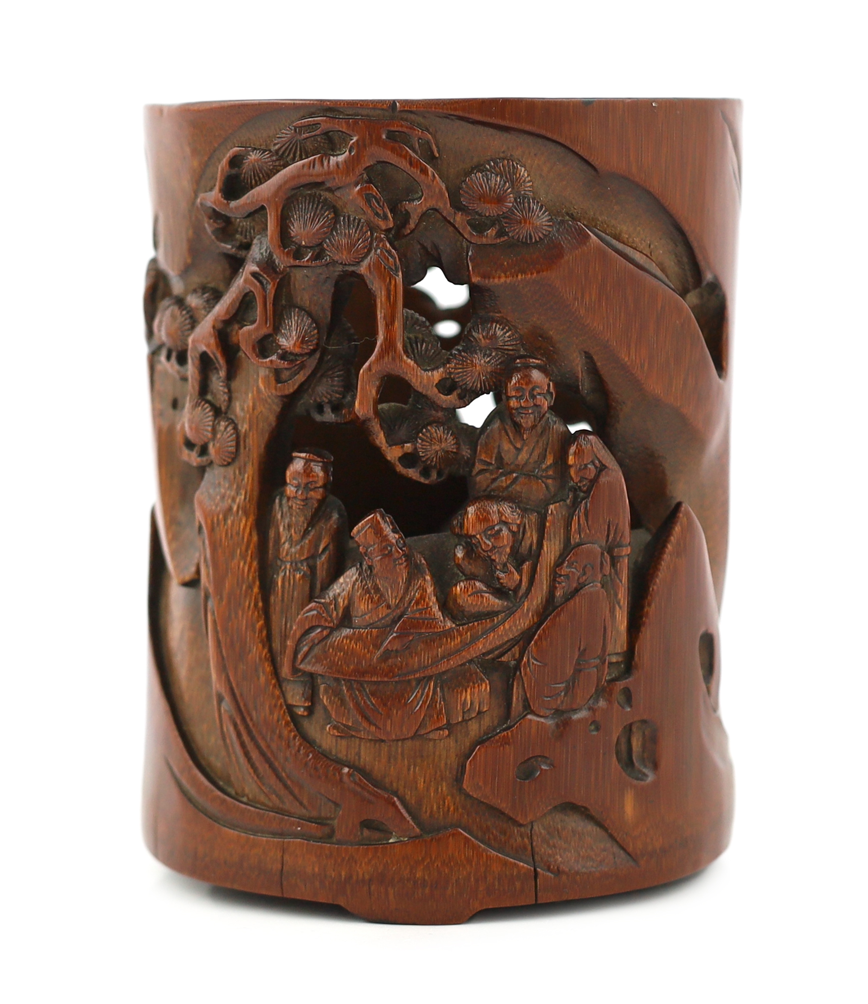 A good Chinese reticulated bamboo 'sages' brushpot, late Ming/early Qing dynasty, 17th century